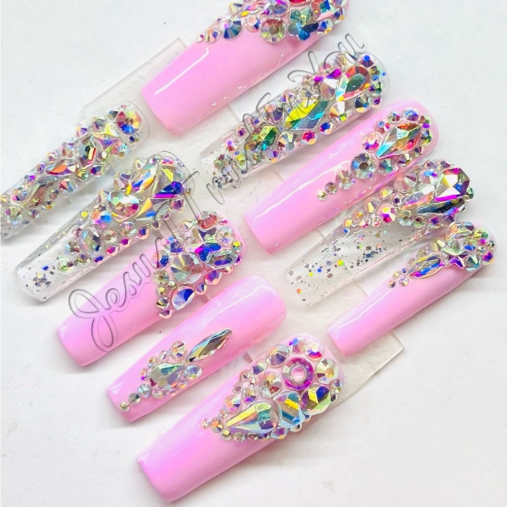 Pink and Silver Rhinestone Nail Set - Picture 2 of 5